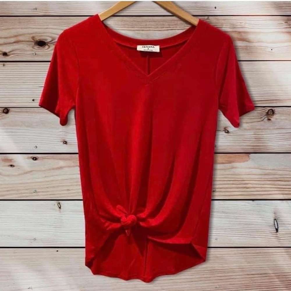 New Ruby Red Tee Shirt V-Neck Tunic Long Length Top Tied or Untied